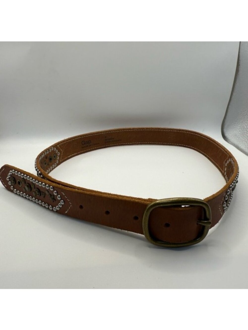 Gap Women’s Brown Studded Leather Belt Small Western Boho Brass Buckle Western